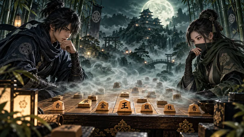 月夜の城を背に、霧の将棋盤で向かい合う忍者